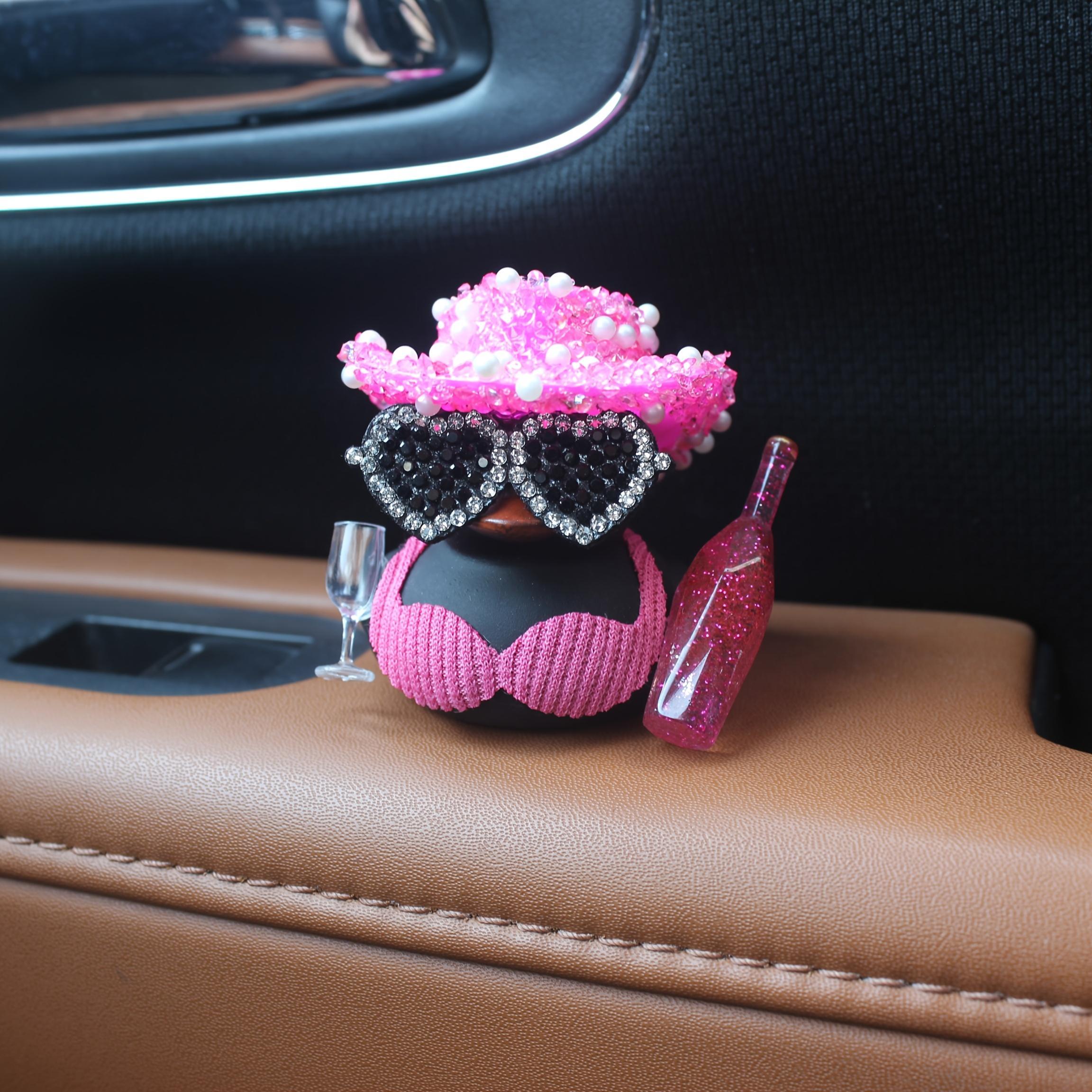 Cute Duck Car Dashboard Ornament Set, Black Duck with Pink Glitter Hat and Champagne Bottle Decor, Funny Car Interior Accessory for Dashboard, Motorcycle, Bicycle, Party Gift