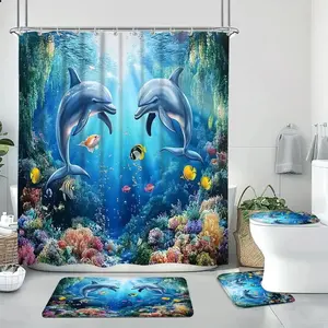 Dolphin Pattern Bathroom Decorations, 1 Set Including Shower Curtain & Toilet U-shape Mat & Bath Mat & Toilet Lid Cover, Bathroom Accessories for Home Decor, Shower Curtain Sets