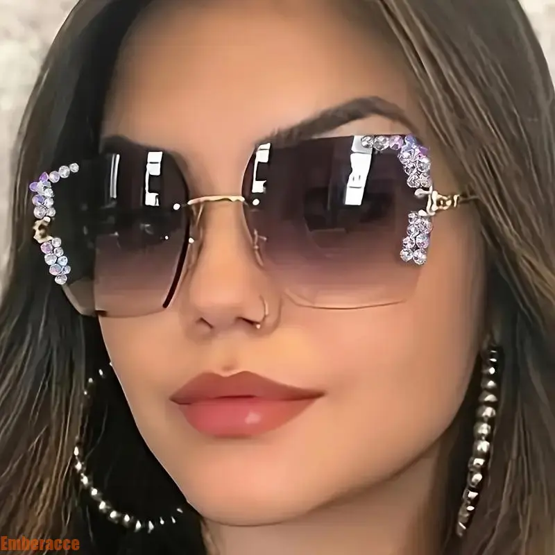 Female Oversized Cat Eye Sunglasses - Lightweight Semi-Rimless Fashion Eyewear with Pink Metal Accents, Yellow-Tint Blue Light Blocking Lenses, Retro Square Frames for Daily Wear, Driving, Oversize Fit