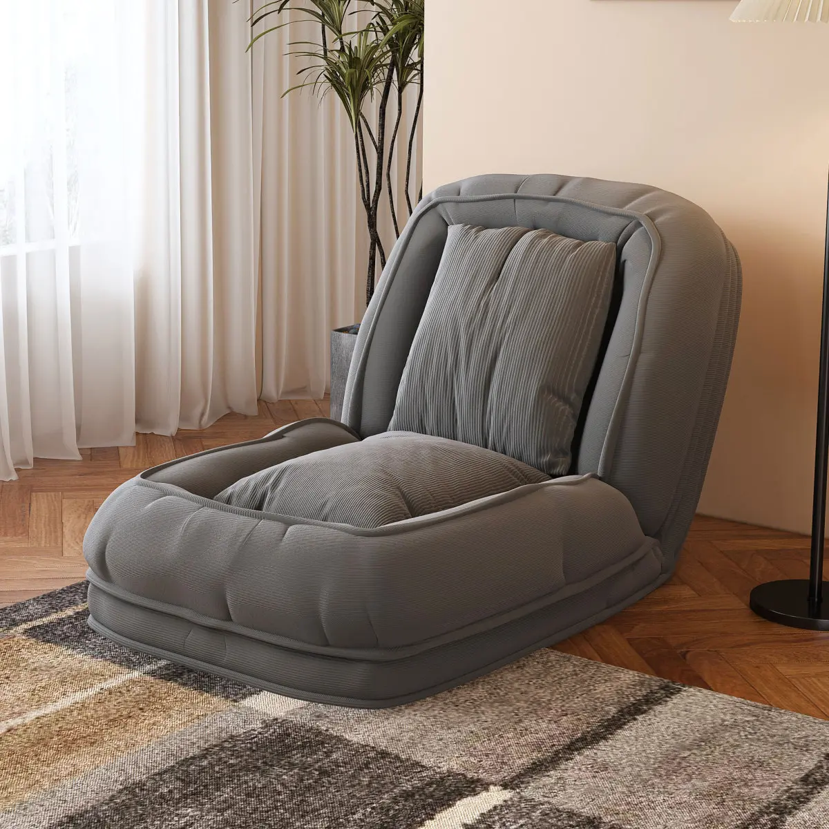 [Fahuac] Modern Multi-Function Foldable Armless Compact 5-Position Recliner Sofa Bed - 90°-180° Corduroy & Cotton Floor Chair, High Resilience Foam, No-Tool Hassle-Free Setup, Vacuum Packaging, for Living Room, Reading Use, Single, Assembly Required
