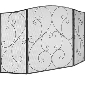 VEVOR Fireplace Screen 3 Panel, Sturdy Iron Mesh Fireplace Screen, 48"(L) x30.2"(H) Spark Guard Cover, No Assembly Required, Free Standing Fireplace Fence Grate for Living Room Home Decor Vintage Bla