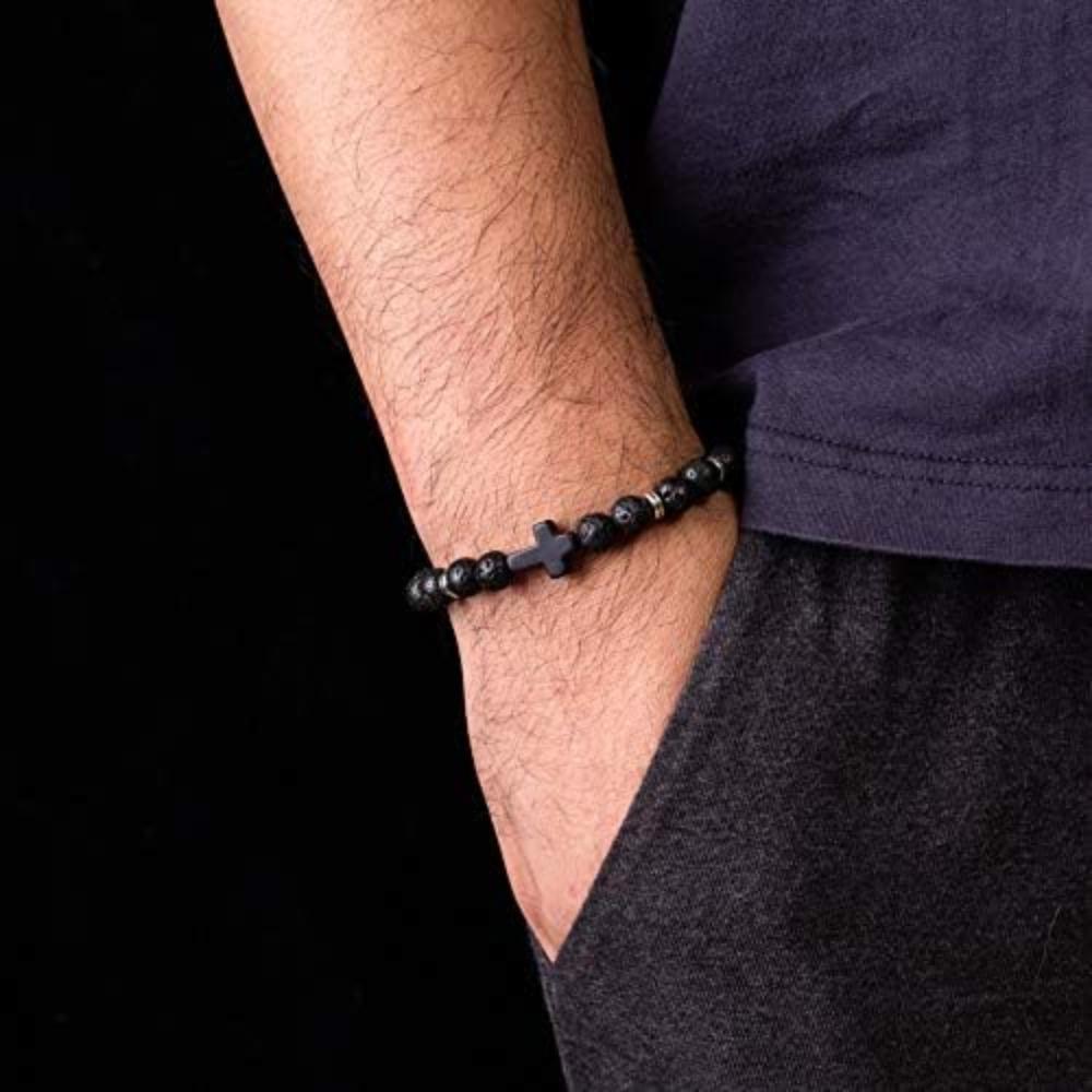 Elegant Cross Beads Bracelet Set 4/6/9 pcs for Men Women Adjustable 8mm Natural Lava Stone Beads Anti-Allergy Stainless Steel Cross Cuff Charm Bracelets Unisex Beauty & Personal Care All Skin Types
