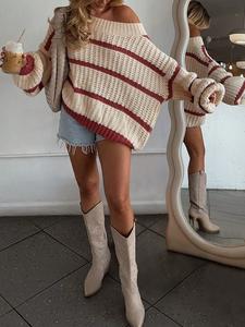 halloween loose-fit casual sweater, asymmetrical neckline colorblock striped knit pullover, fall & winter fashion for women