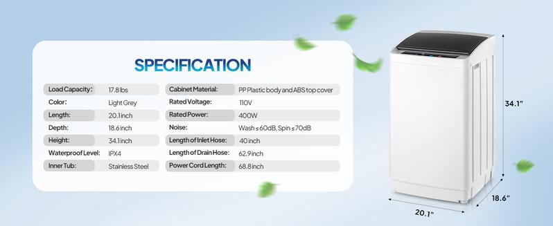 ROVSUN 17.8/25LBS Portable Washing Machine, Full-Automatic Electric Laundry Machine with Stainless Steel Drum, 110V Compact Washer, Washer and Dryer Combo with Drain Pump for Apartment, Dorms, RV, 400W