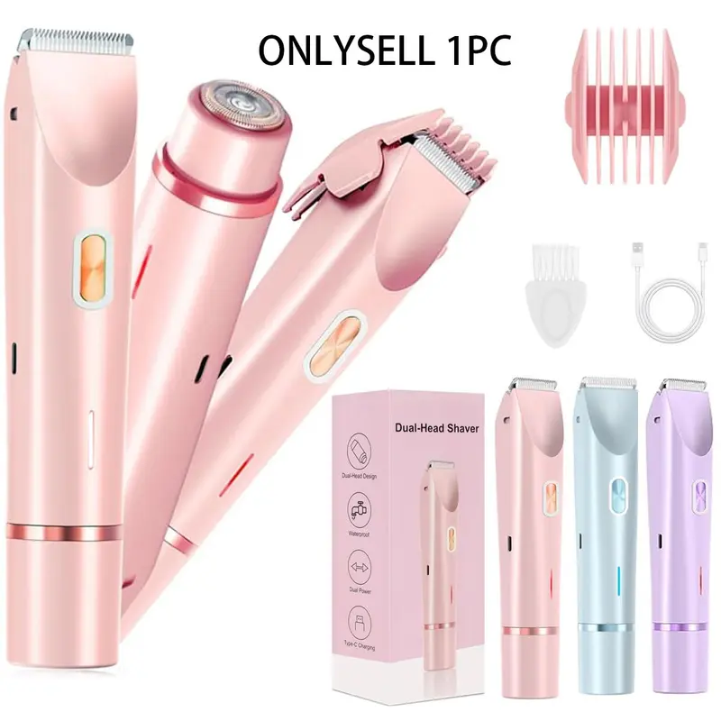 2-in-1 Multifunctional Electric Shaver, Dual-Head Wireless Bikini Trimmer for Women, USB Rechargeable Full-Body Hair Removal Razor for Underarm, Leg and Body, Waterproof and Cordless Grooming Trimmer