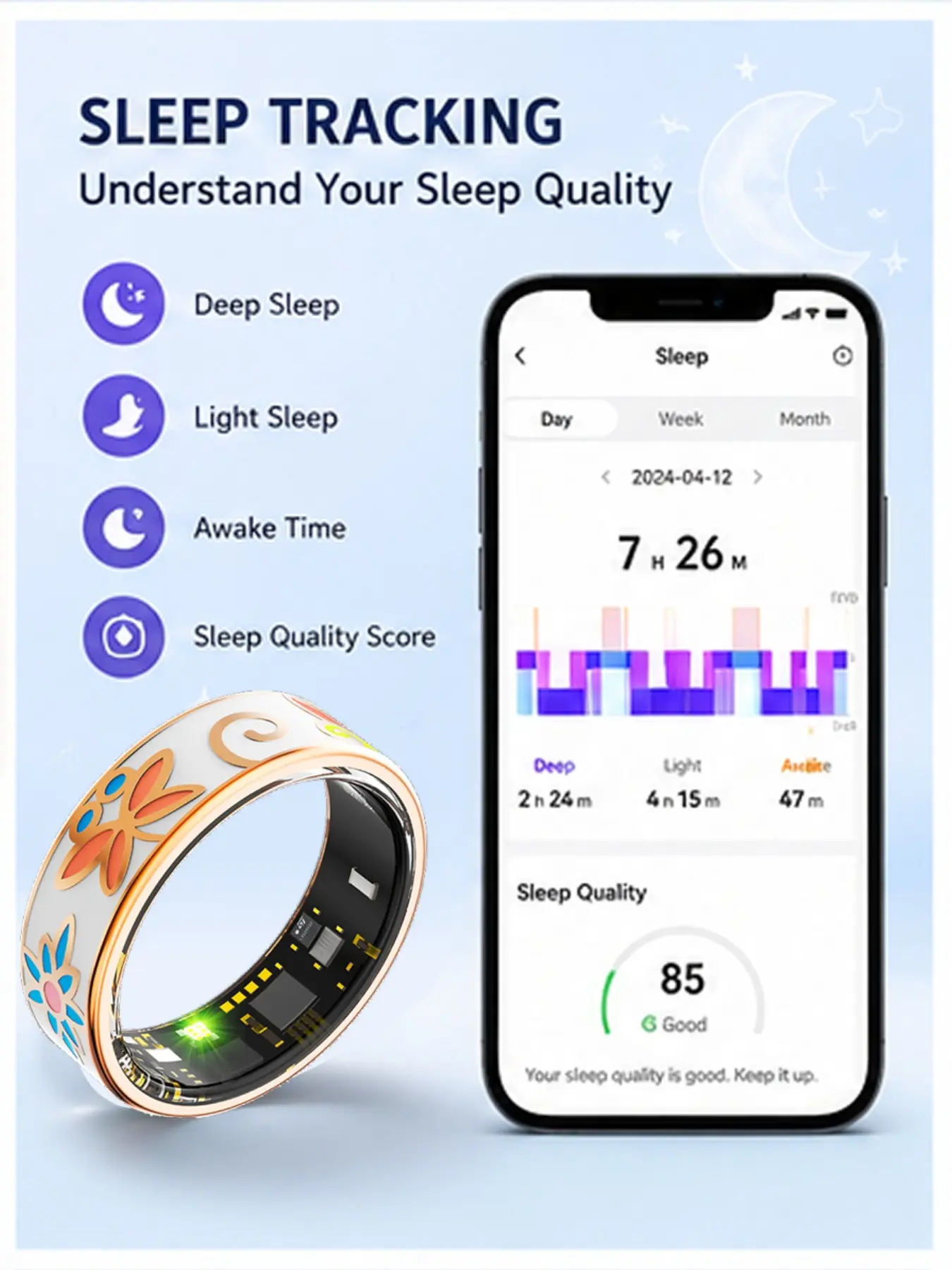 Unisex Smart Ring, Wearable, Floral Rose Gold Enamel, IP68 Waterproof, Bluetooth-compatible 5.2, Health Monitoring, Sleep Tracking, Android iOS Compatible