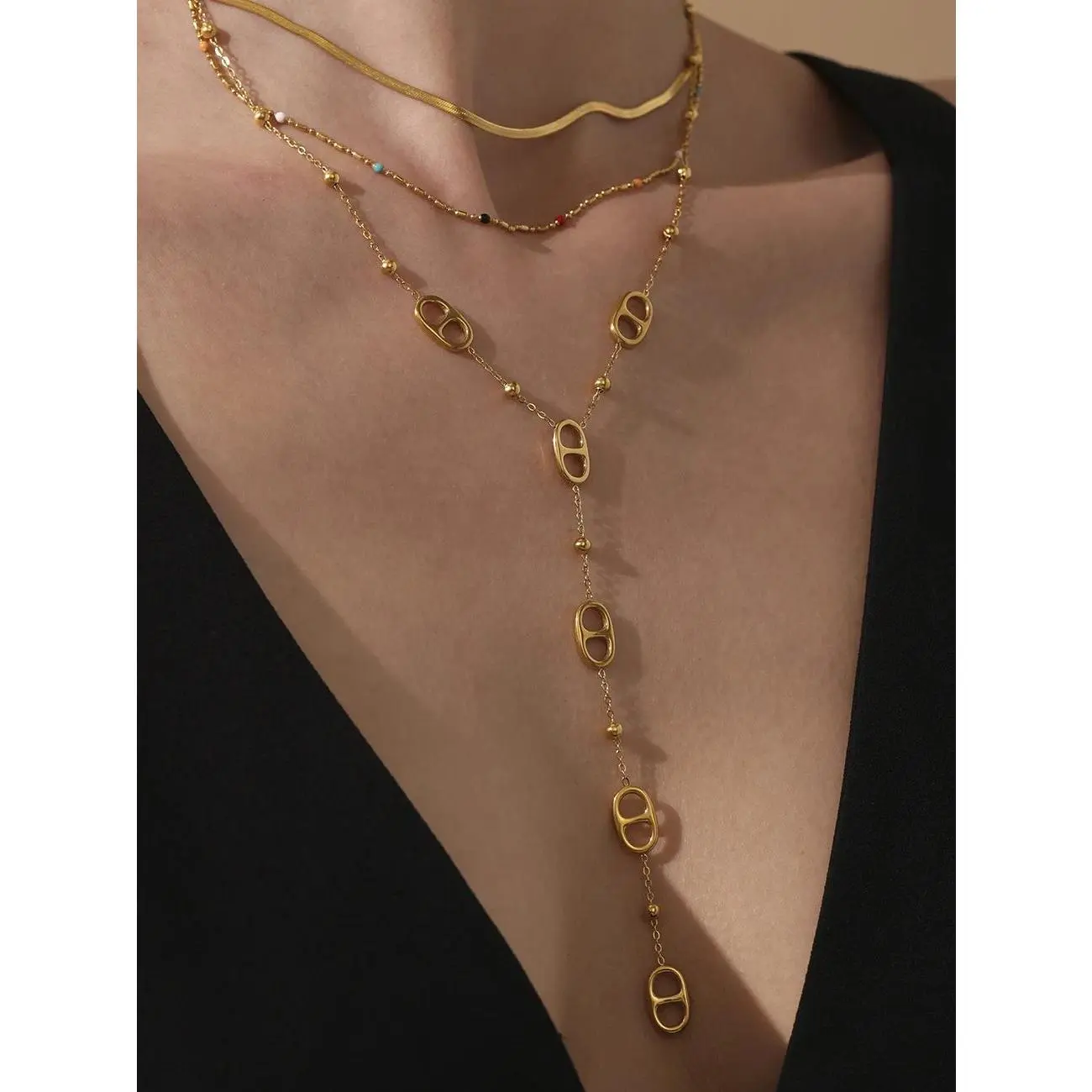 Nivora Fashion Long Chain Stainless Steel Necklacs For Women PVD Real Gold Plated Metal Female Collar Party Banquet Jewelry