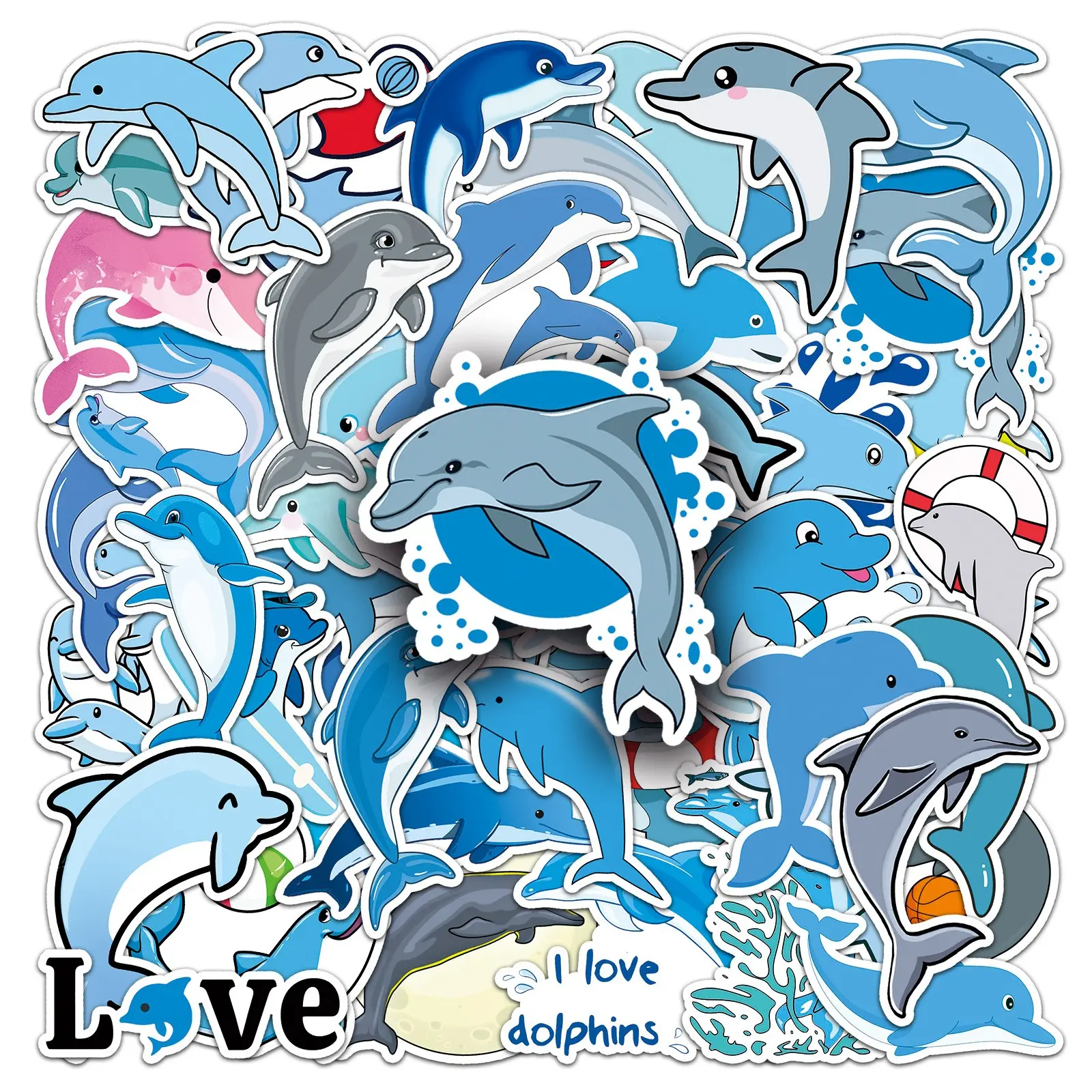 50 Dolphin Theme Waterproof Vinyl Stickers, Ideal for Phone, Water Bottle, Cup, Laptop, Wheel, Journal, Scrapbook, Bike, Skateboard, Luggage