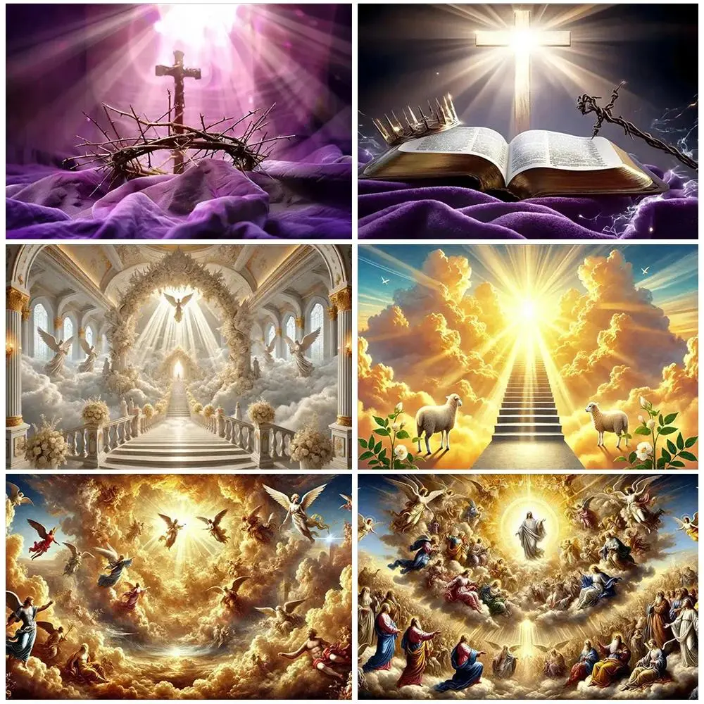 Religious Easter Photo Backdrop - Wrinkle-Resistant Lightweight Polyester, Thorn Wreath Jesus Cross Abstract Art, Asian-Influence Hanging Home Decor for Easter, Wedding, Anniversary Party Living Room Supplies