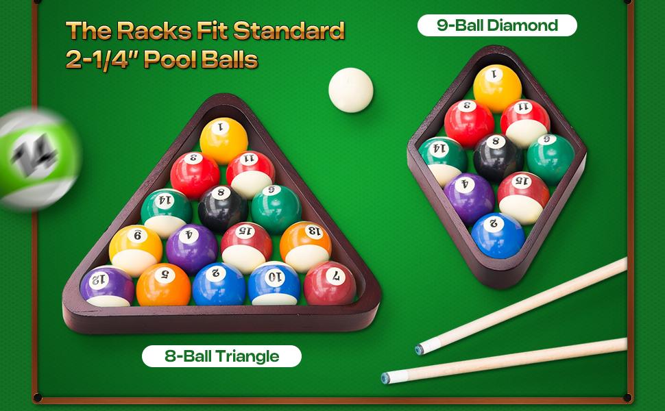 ShinyRelief 22 Pcs Pool Table Brush Set Wooden Billiard Rack 8 or 9 Ball Triangle Diamond for 2-1/4" Pool Ball with Polish Cloth Sticky Lint Roller Cue Chalk Cube Accessories