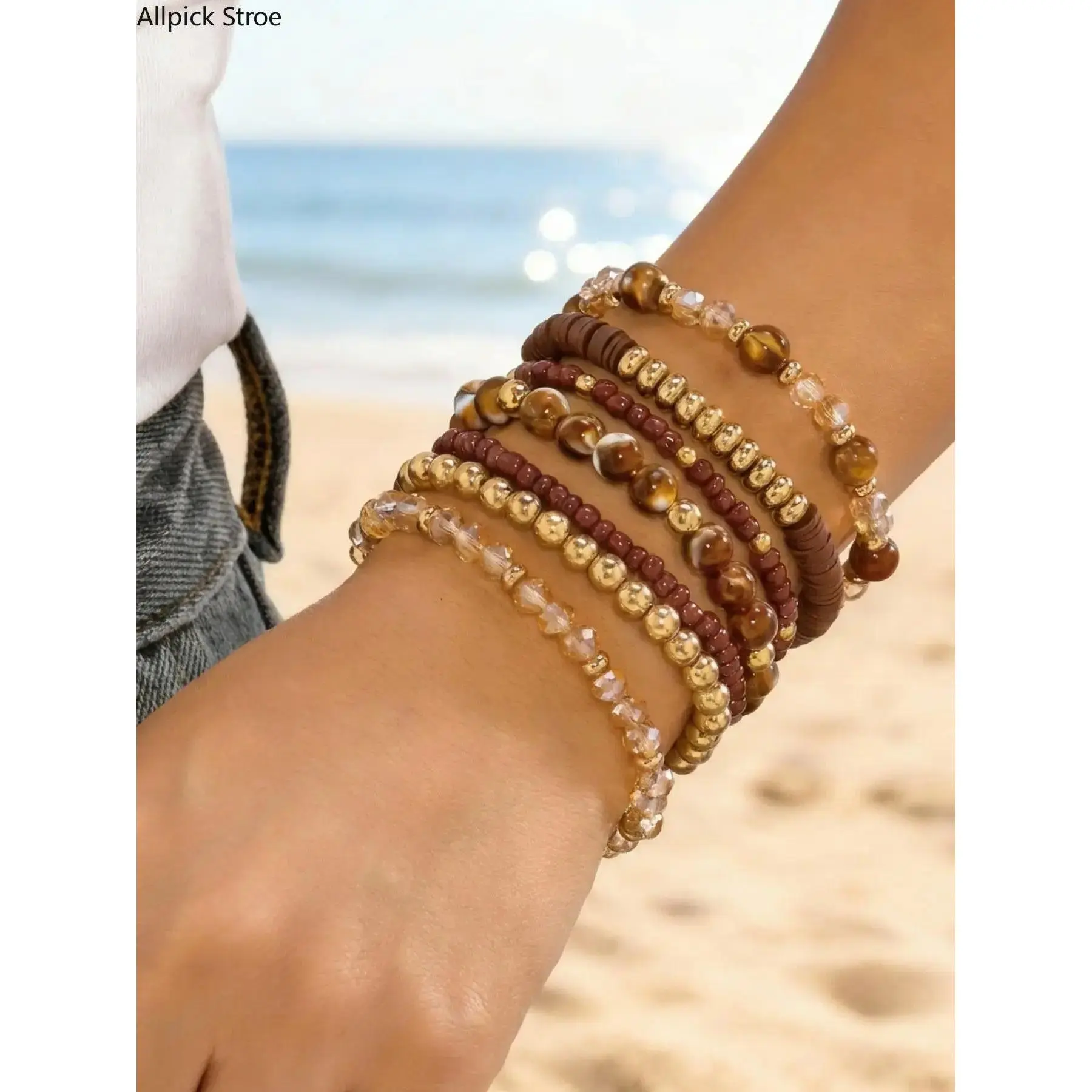 7-Piece Bohemian Earthy Vacation Style, Casual Versatile Bohemian Crystal Polymer Beaded Bracelets Set, Perfect for Everyday Wear