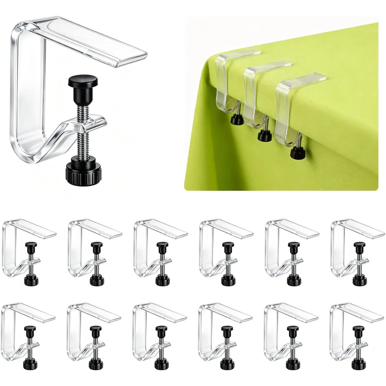 12 Pieces Clear Tablecloth Clips, Adjustable Plastic Table Cover Holders, Windproof Transparent Clamps for Securing Tablecloths Indoor Outdoor Party, Wedding, Christmas Event, Picnic, Camping