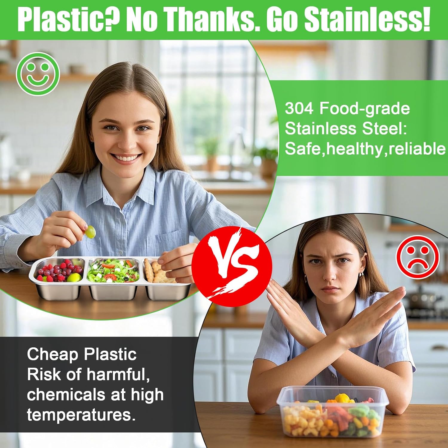 Stainless Steel Snackle Box Container, Reusable Snack Containers with Lids, 3 Compartment Divided Food Storage Containers for School, Home, Travel