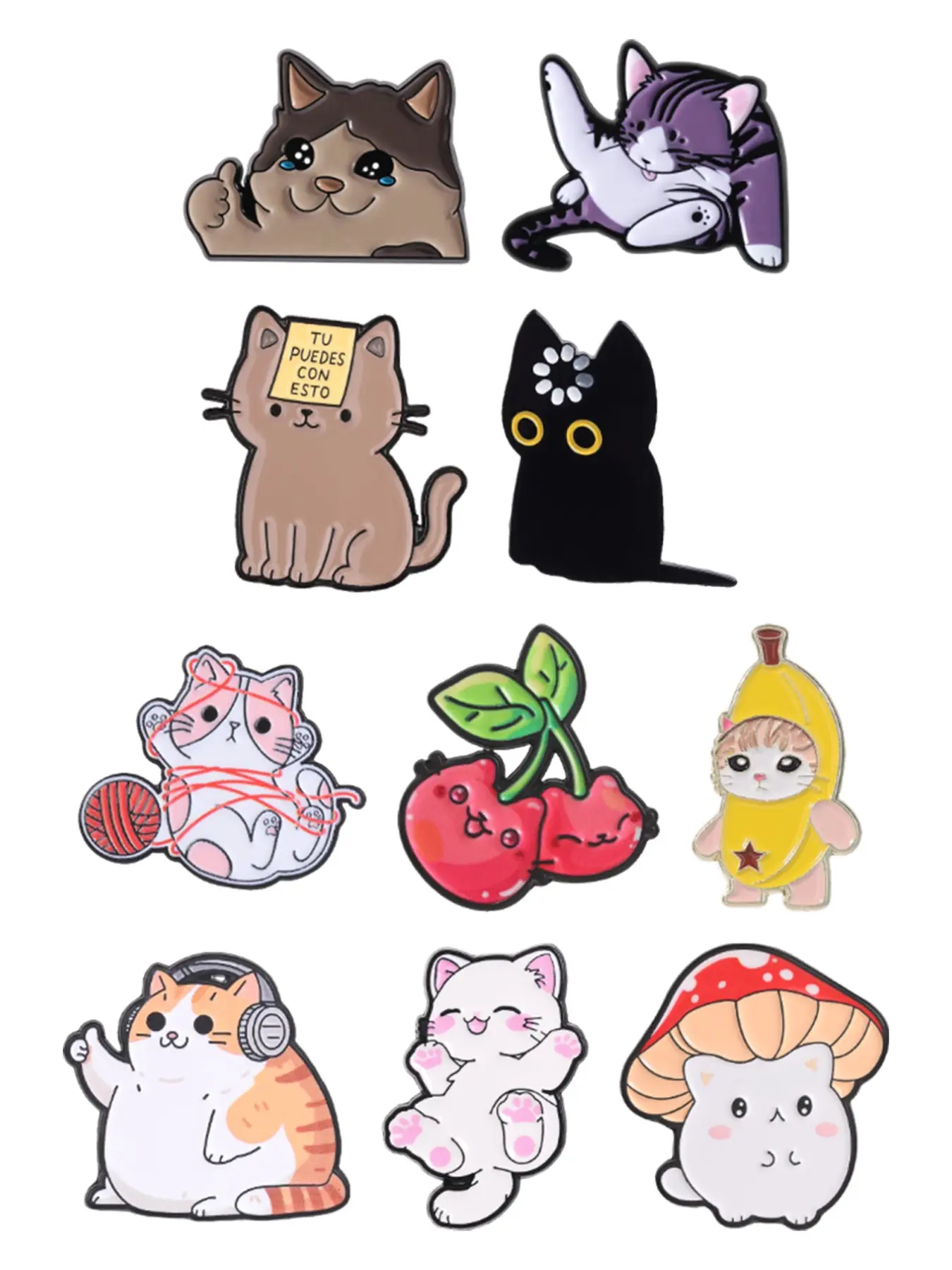 10pcs Kawaii Cartoon Cat Enamel Pin, Cute Meme Kitty Metal Pin, Alloy Brooch Pin Clip, Fashion Accessory for Backpacks & Jackets, Unique Gift Idea