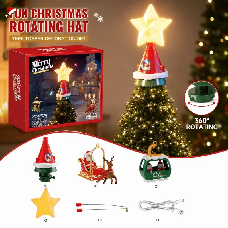 New Christmas Tree Topper Rotating Musical Light Ornament Holiday Decoration Full Automatic Home Decor Xmas Star Top Tree Star Lights