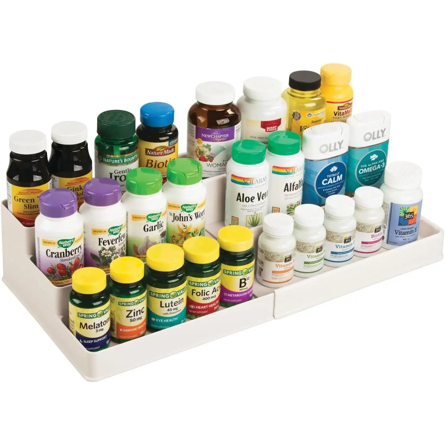 Plastic Expandable 3-Tier Shelf Rack Organizer - Storage for Bathroom , Cabinet, Cupboard, Drawer - Holds , Vitamins, Supplements,  - Ligne Collection - Cream/Beige