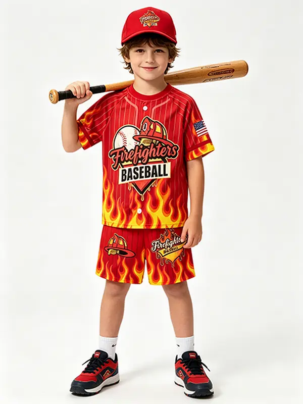 Firefighter Baseball Flame Print Kids Jersey Set Yellow Pinstripe Athletic Mesh Short Sleeve T-Shirt and Elastic Waist Shorts for Toddler and Big Boys Summer Activewear
