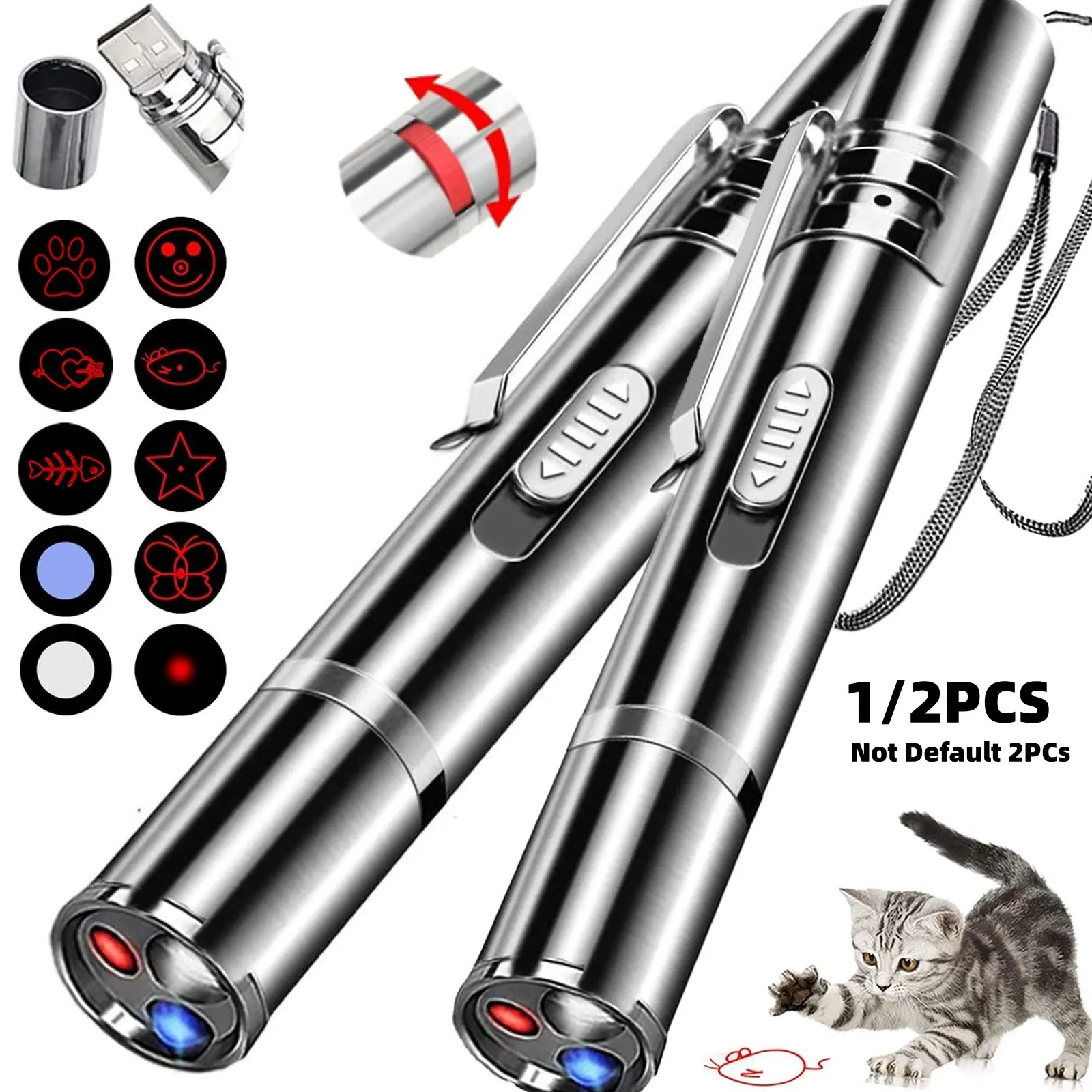 New 10-In-1 Pet Multi-Functional Laser Cat Toy, Laser Pointer, Dot Chasing Light, USB Rechargeable, 3 Modes, 8 Adjustable Patterns, Indoor Use