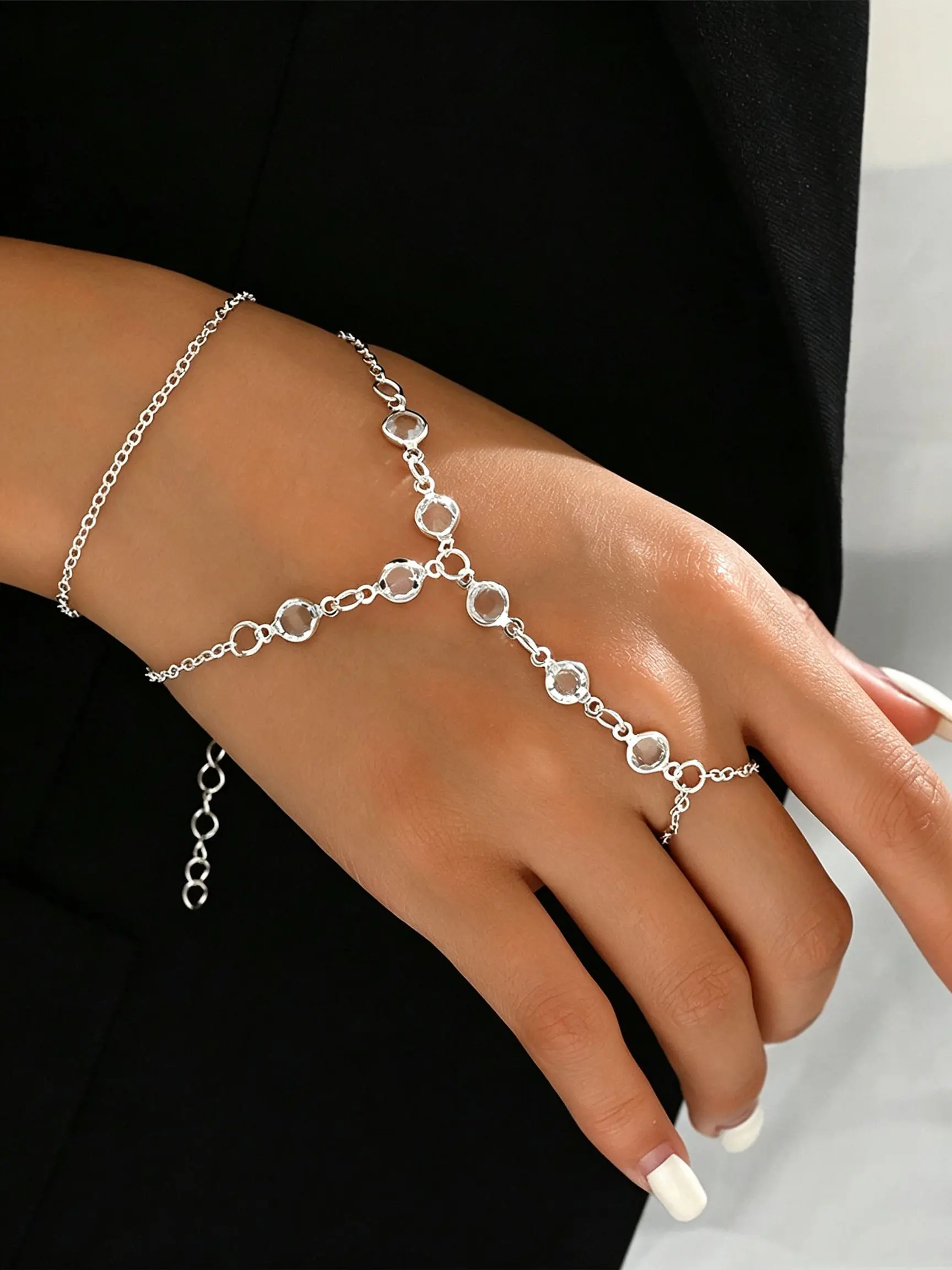Dainty Linked Ring Hand Chain Bracelet for Women, Clear Crystal Adjustable Minimalist Hand Harness Jewelry, Silver and Gold Options, Trendy Ins-Style Accessory for Daily, Party and Date Looks, Everyday Wear Bracelet
