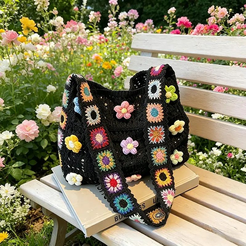 Women's Y2K Cottagecore Crochet Tote Bag, Handmade Wide Strap Hollow Out Knit Shoulder Bag, Floral Crochet Beach Bag