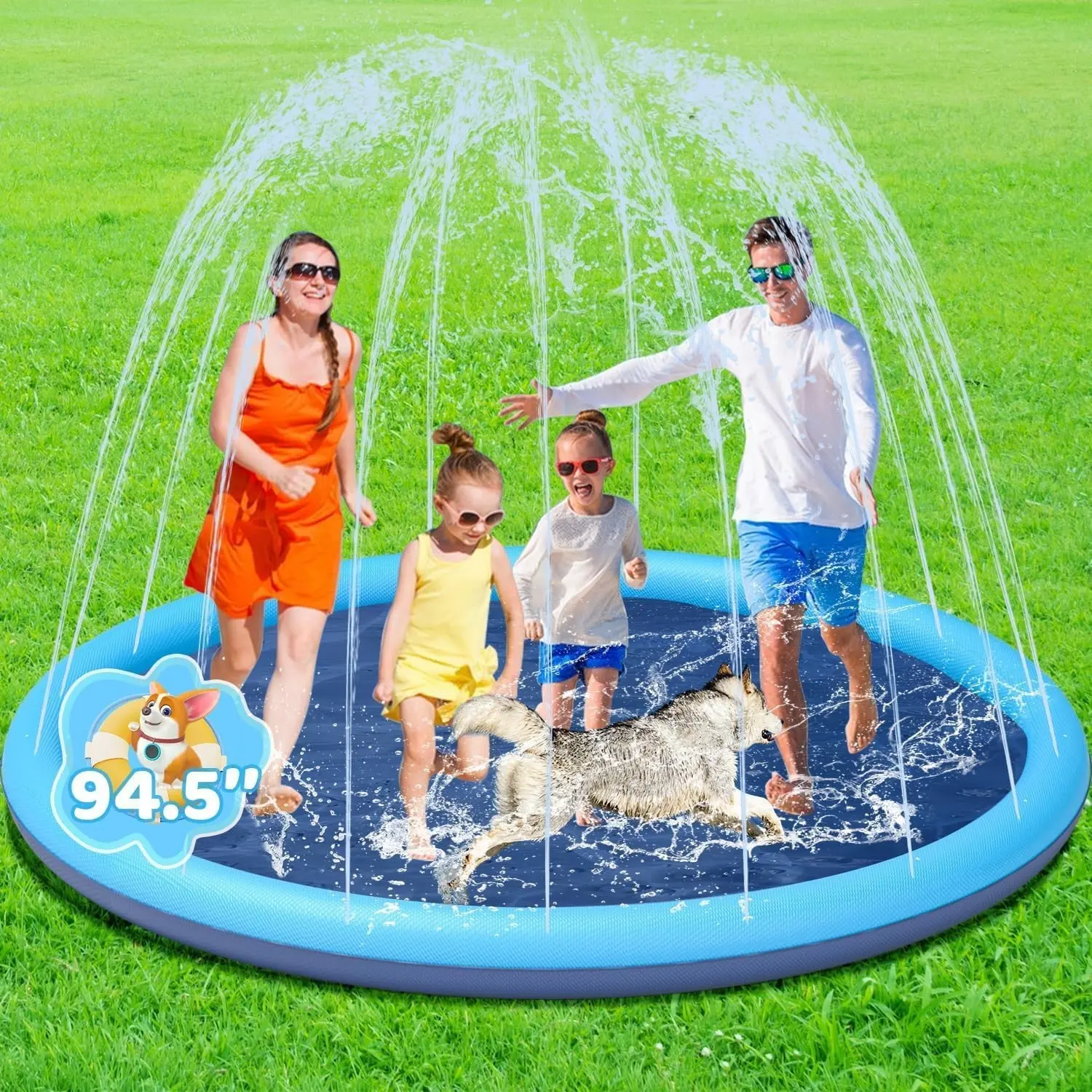 Non-Slip Large Splash Outdoor Play Mat, XXL-95 Inches Blue Sprinkler Splash Pad for Kids, Home Supplies Gift Option for Pet Play