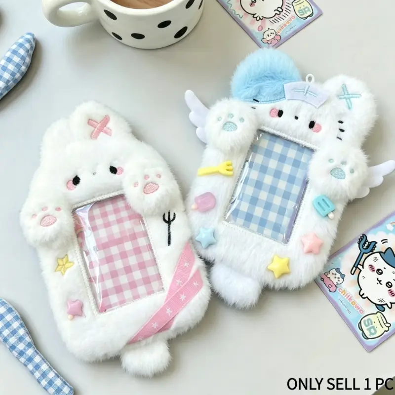 Cat Ear & Angel Bunny Plush Card Holders - Soft Plush ID/Bus Pass Cases with Star Wing Keychains, Pastel Gingham Design | Cute Backpack Charm for Students, Anime Fans & Kawaii Lovers