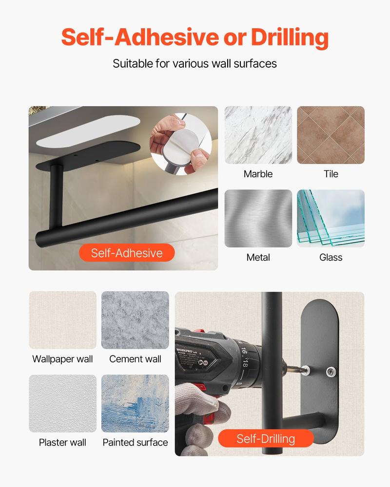 VEVOR Paper Towel Holder Under Cabinet, High-Quality Stainless Steel Paper Towel Holder, Self Adhesive or Drilling Paper Towel Holder Wall Mount for Kitchen, Bathroom, Pantry