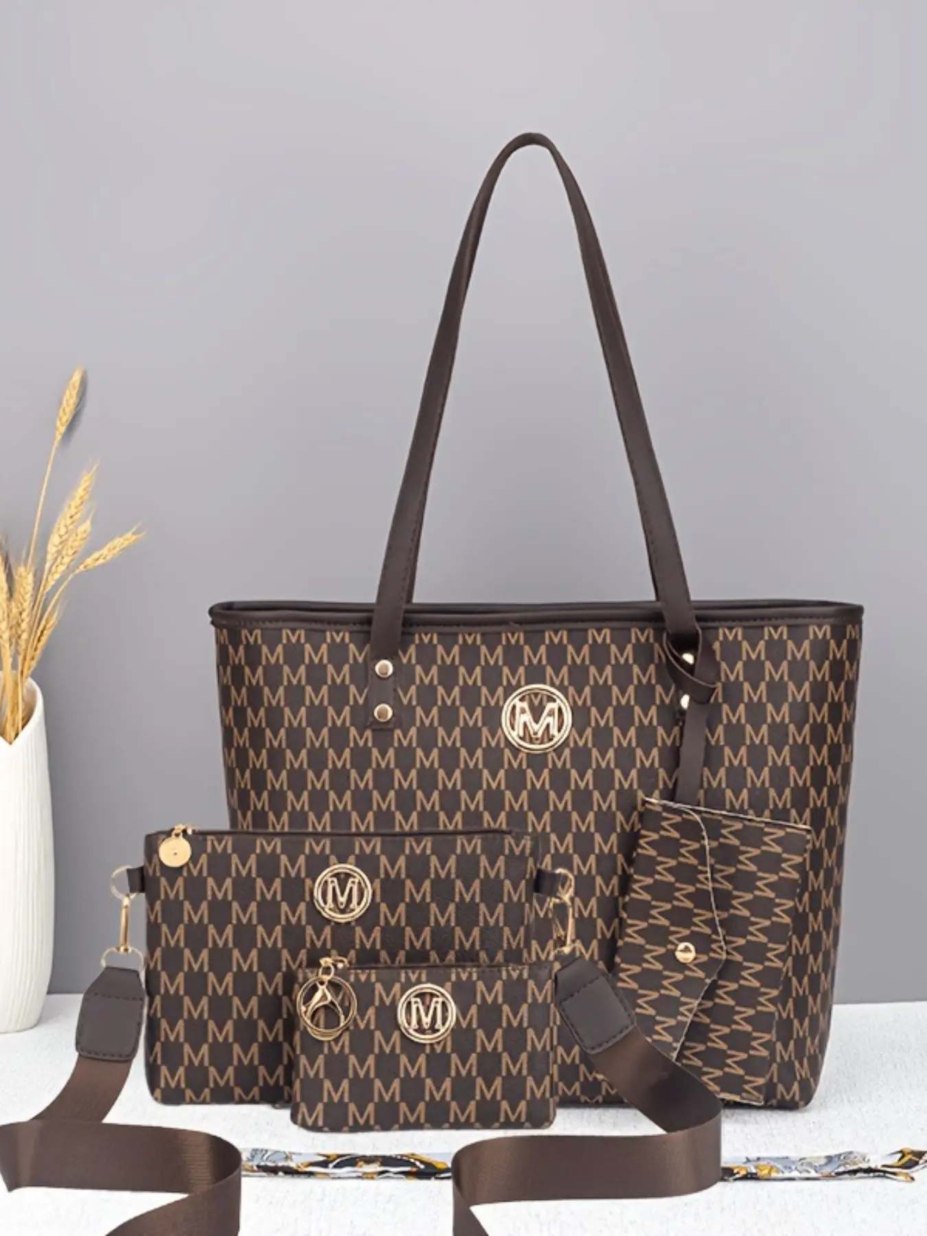 M Letter Print Four-Piece Set Crossbody Shoulder Bags, Crossbody Purse, Elegant PU Leather All-Over Print, Practical and Versatile Combination Pack, Crossbody Handbag Sets