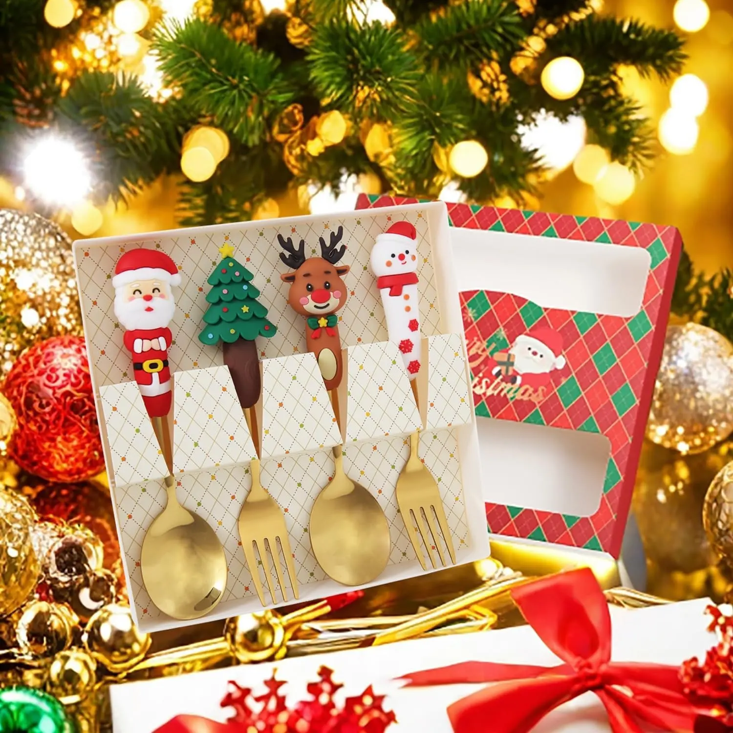 4 Pack Stainless Steel Christmas Coffee Spoon and Xmas Dinner Forks Set -Dessert Fruit Ice Cream Iced Tea Spoon, Cake Forks - Gifts for Christmas Party Supply
