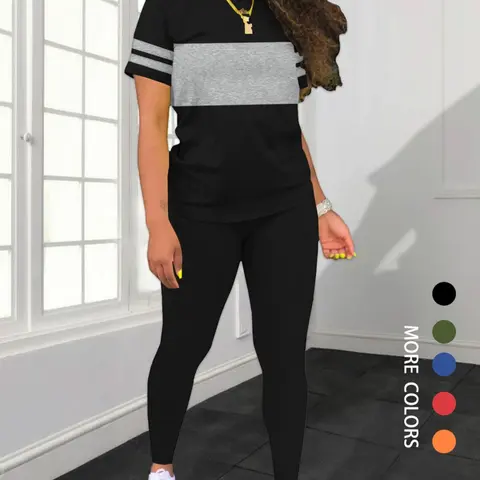 Women's Colorblock Short Sleeve Fitted Tee & Solid Pants Two-piece Set, Casual Round Neck T-shirt & Trousers for Daily Wear, Ladies Two-piece Outfits for All Seasons Fashion, Casual Sporty Set, Womenswear Clothes, Two Pieces Sets