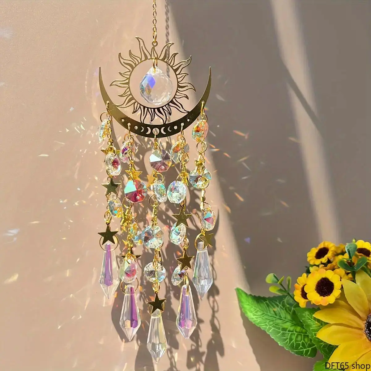 Boho Star And Moon Pattern Hanging Sun Catcher Crystal Prism Inlaid Frame Split Sunlight To Form Rainbow Shades For Bedroom Household Interior Window Soft Romantic Hanging Decorative Wall Accessory