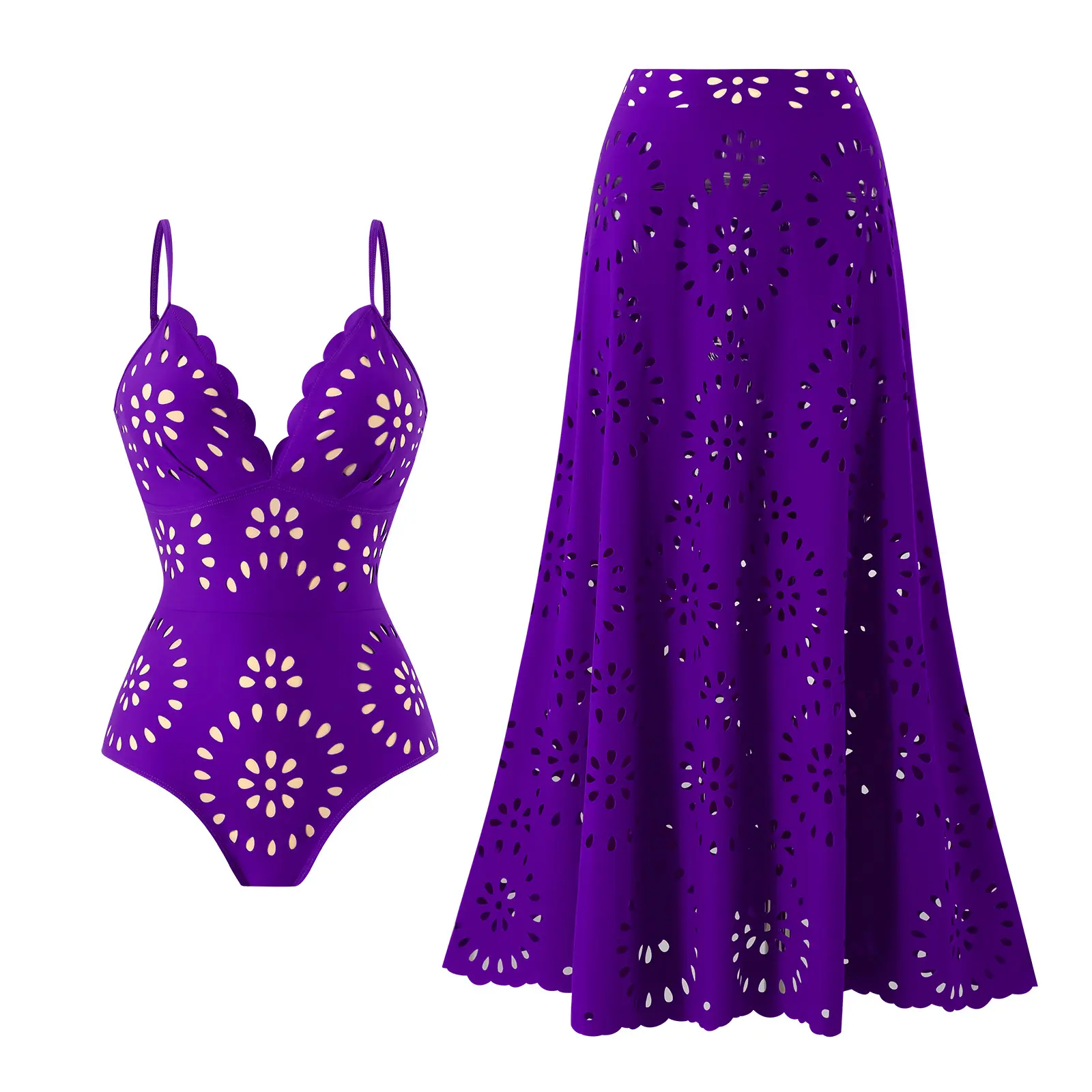 Women's Swimsuit Set, 2-Piece Deep V-Neck Backless Bodysuit with Floral Laser-Cut Detail and Long Swimsuit Cover Up Skirt - Check Size Chart