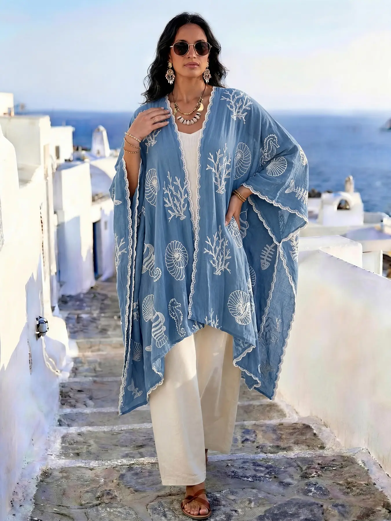 Boho Style Embroidered Split Shawl, Summer Shawl, Fashion Shawl, Loose Fit Conceals Belly, Versatile for Beach Vacations, Commutes, Dates, Perfect Builder