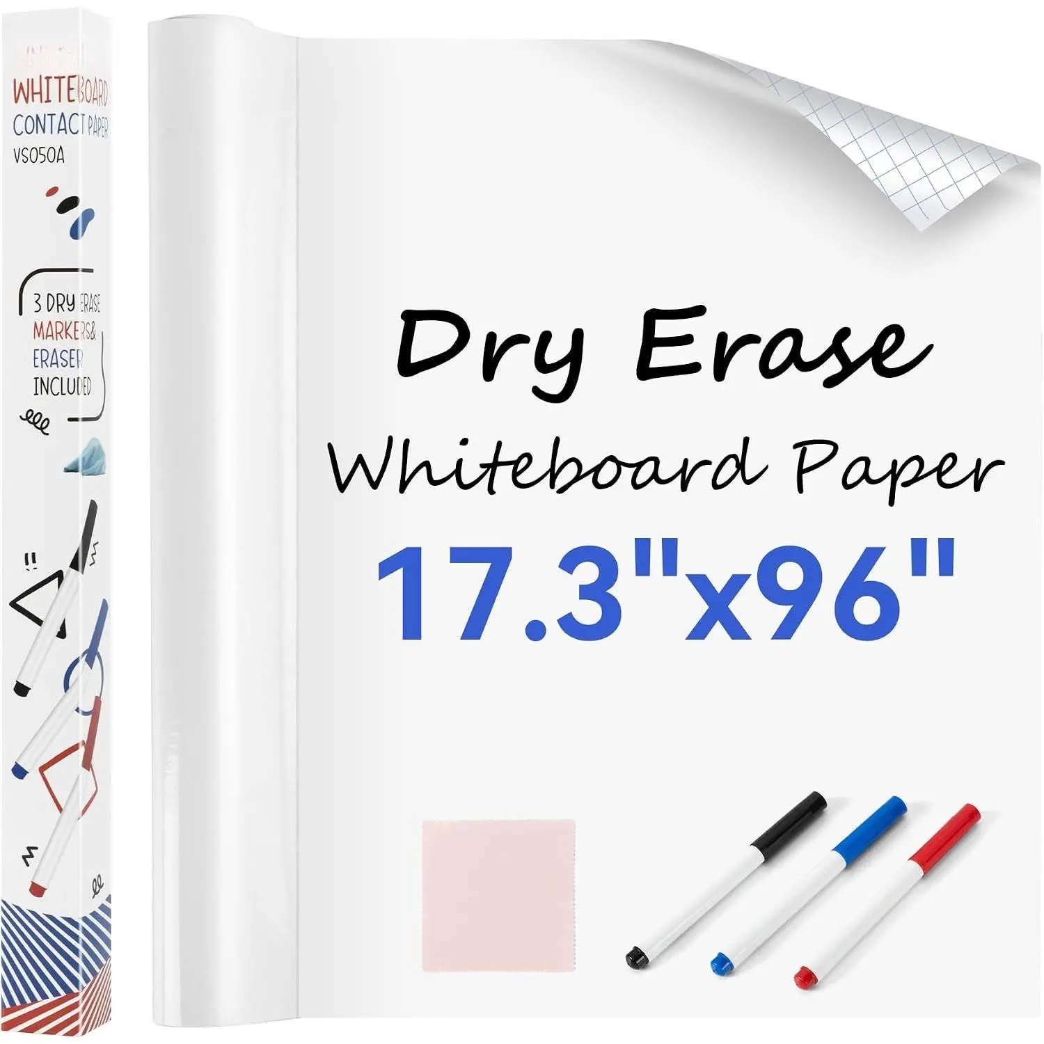 Dry Erase Board Wallpaper, Whiteboard Sticker 96" x 17.3" | Whiteboard Sticker with 3 Pen & 1 Cleaning Cloth, Peel and Stick,Self-Adhesive White Board for School, Office