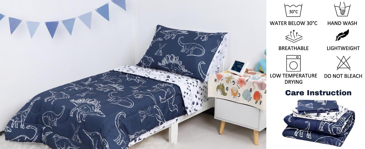 4 Pieces Dinosaur Toddler Bedding Set for Boys, Soft Breathable Toddler Comforter Set, Dino Print Navy, Includes Reversible Comforter, White Fitted Sheet and Flat Sheet, Pillowcase