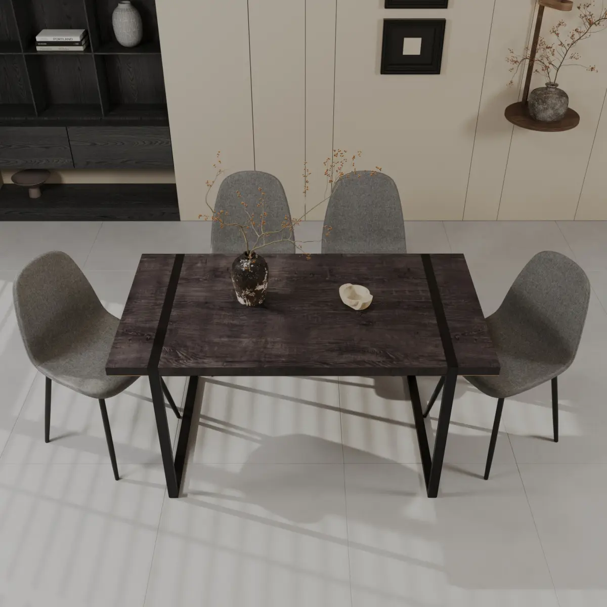 59" Industrial MDF & Metal Black Dining Table Set with 4 Chairs, Medieval Indoor Furniture Set, Ergonomic Suede Seats, Waterproof Padding, Square Contours, Rectangular Base, Easy Install