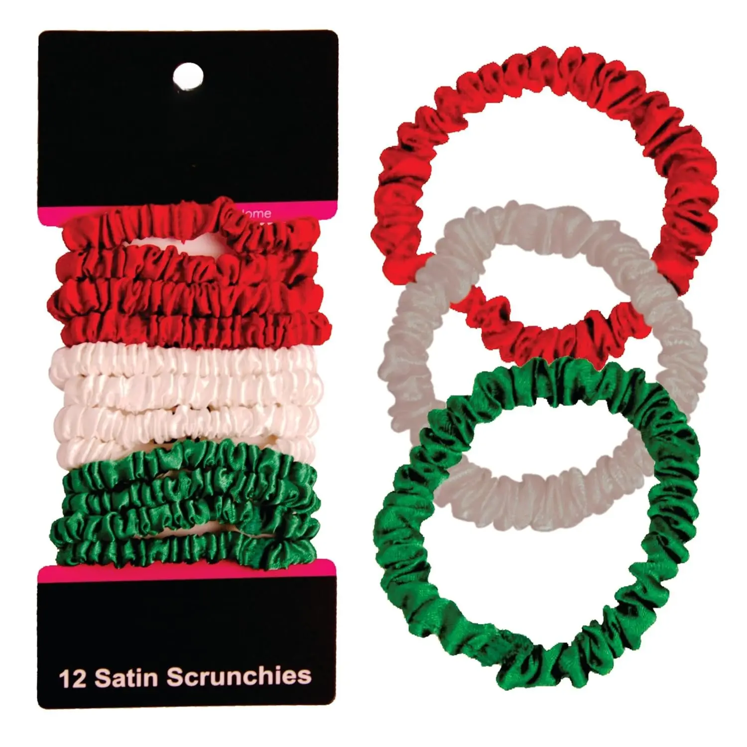 Skinny Silk-Like Satin Scrunchies 12-Pack - Red, White and Green Mix, 2in Diameter Round Shape, Gentle Grip, No-Snag, No-Dent, Crease-Free Hair Ties for All Seasons, Everyday Wear