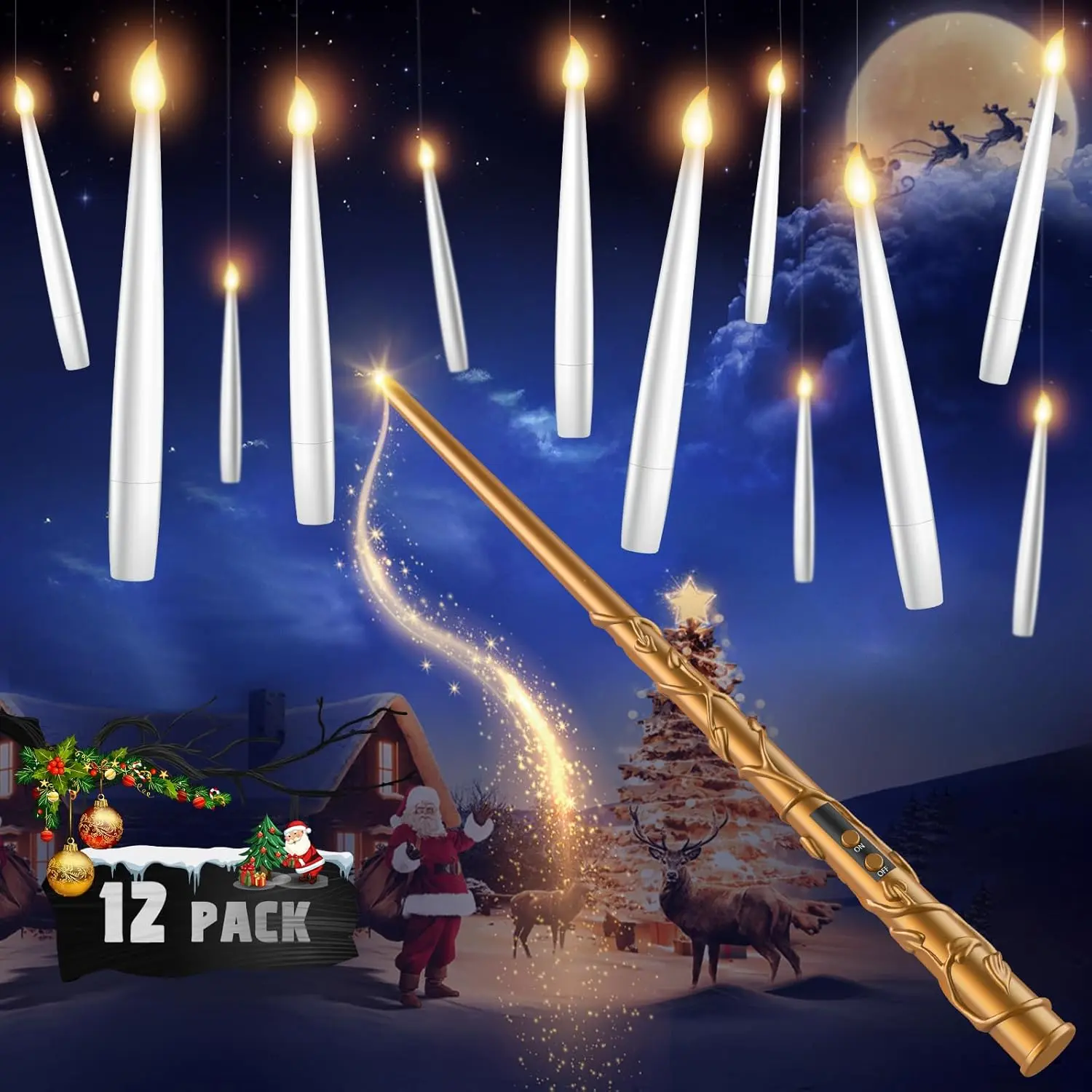 Floating Candles with Wand - 12 Pack Christmas Decorations Magic Flameless Candles Flickering Warm Light LED  Candle Remote,  Operated Candles for Christmas Outdoor Indoor Party Decor