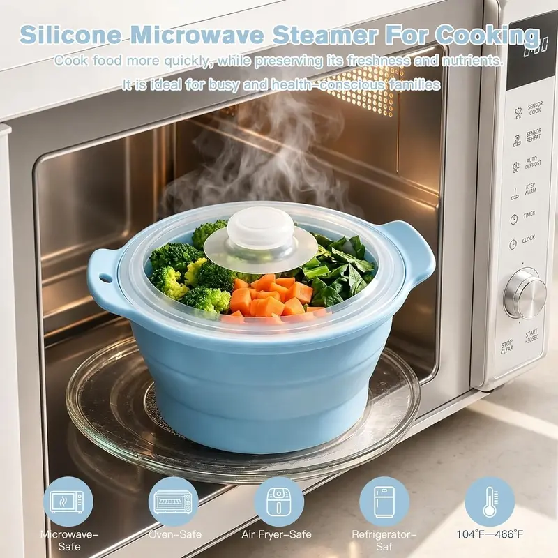 Large Round 2-in-1 42oz Silicone Microwave Steamer Pot - Collapsible, BPA-Free, Dishwasher-Safe with Handle, Lid, Holes & Rack, Simple Design for Vegetable, Rice Cooking (1 Pack)
