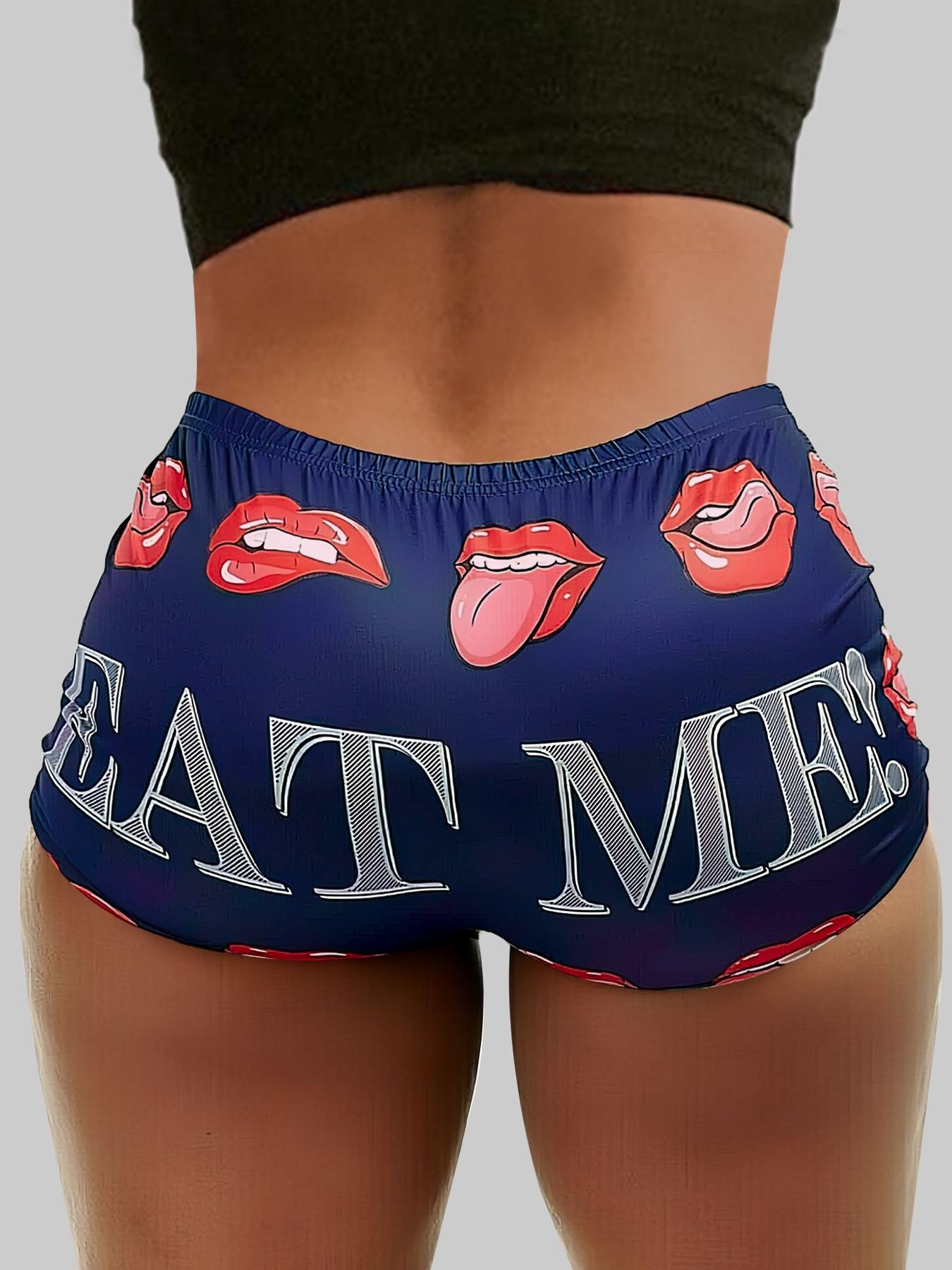 Women's All Over Letter & Lips Print Elastic Waist Shorts, Casual Comfy Breathable Graphic Print Shorts for Summer, Ladies Bottoms for Daily Wear