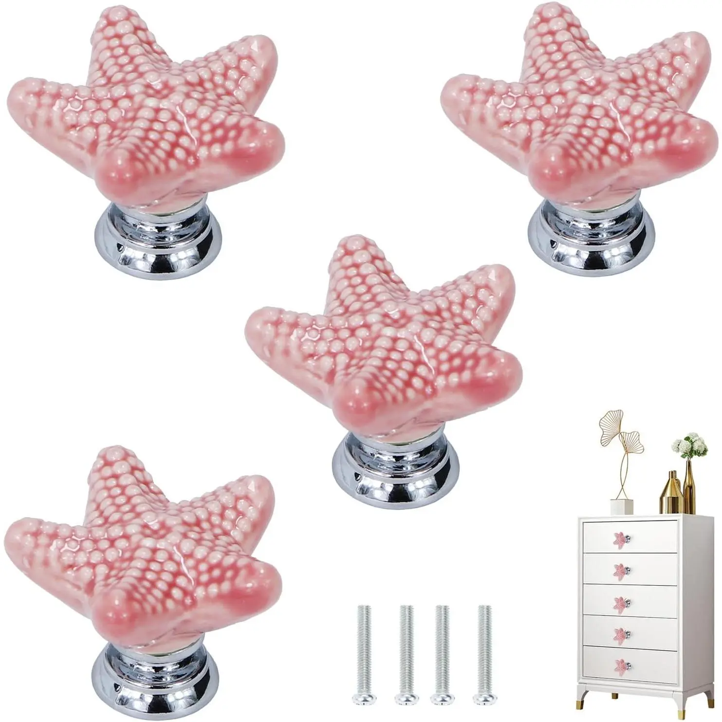 4 count Starfish Drawer Knobs Coastal Ceramic Cabinet Knobs () |  Beach Themeb Knob, Zinc Alloy Handle, Nautical Drawer Pulls, Easy to Install with Screws, for Kitchen Bathroom Dressers
