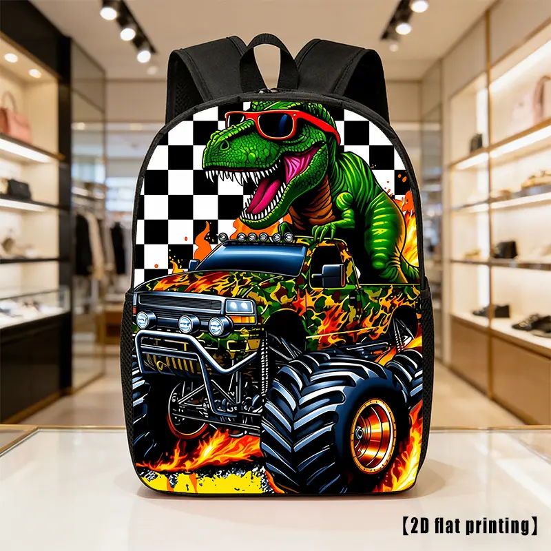 Kids Dinosaur Monster Truck Backpack, 2D Flat Print School Bag for Boys Girls, T Rex Off Road Car Graphic Bookbag, Lightweight Travel Daypack with Side Pockets, Elementary Student Backpack, Back to School Gift for Kids Dino Truck Fans Daily Use Bag