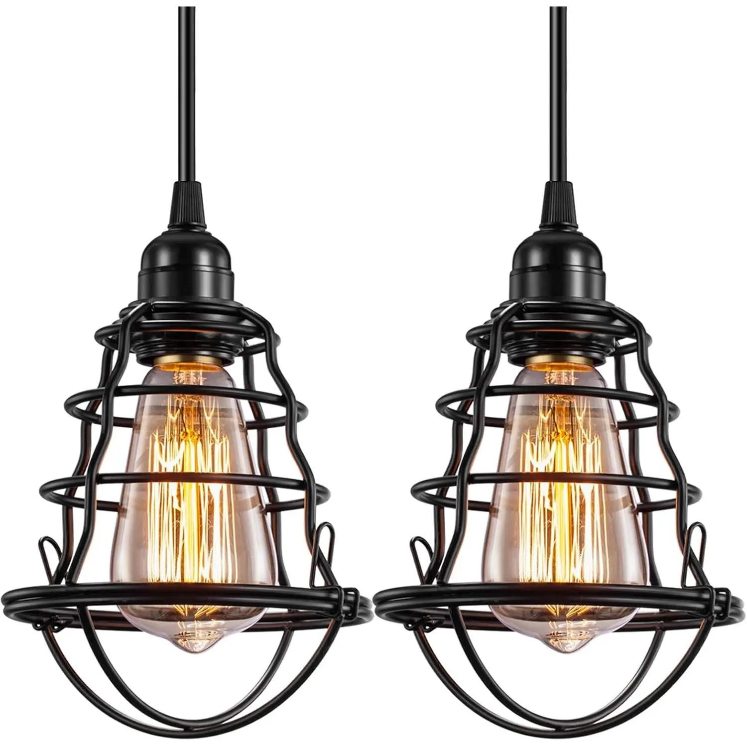 Industrial Pendant Light Edison Hanging Cage Pendant Lights E26 E27 Base Vintage Adjustable Pendant Lamp Fixture for Kitchen Home Lighting 2 Pack