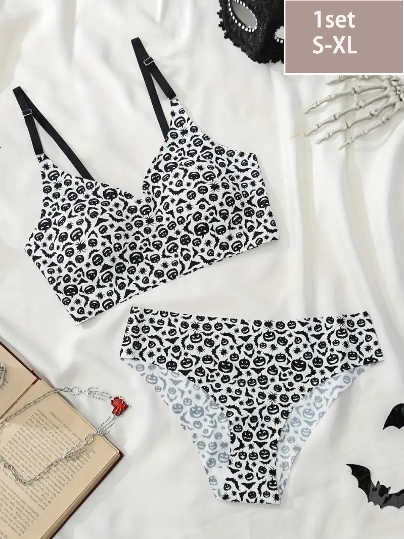 Three-Piece Set Women's All Over Print Wireless Bra & Panty Two-Piece Set, Adjustable Strap Lingerie Set, Soft Comfy Breathable Underwear Set for Women