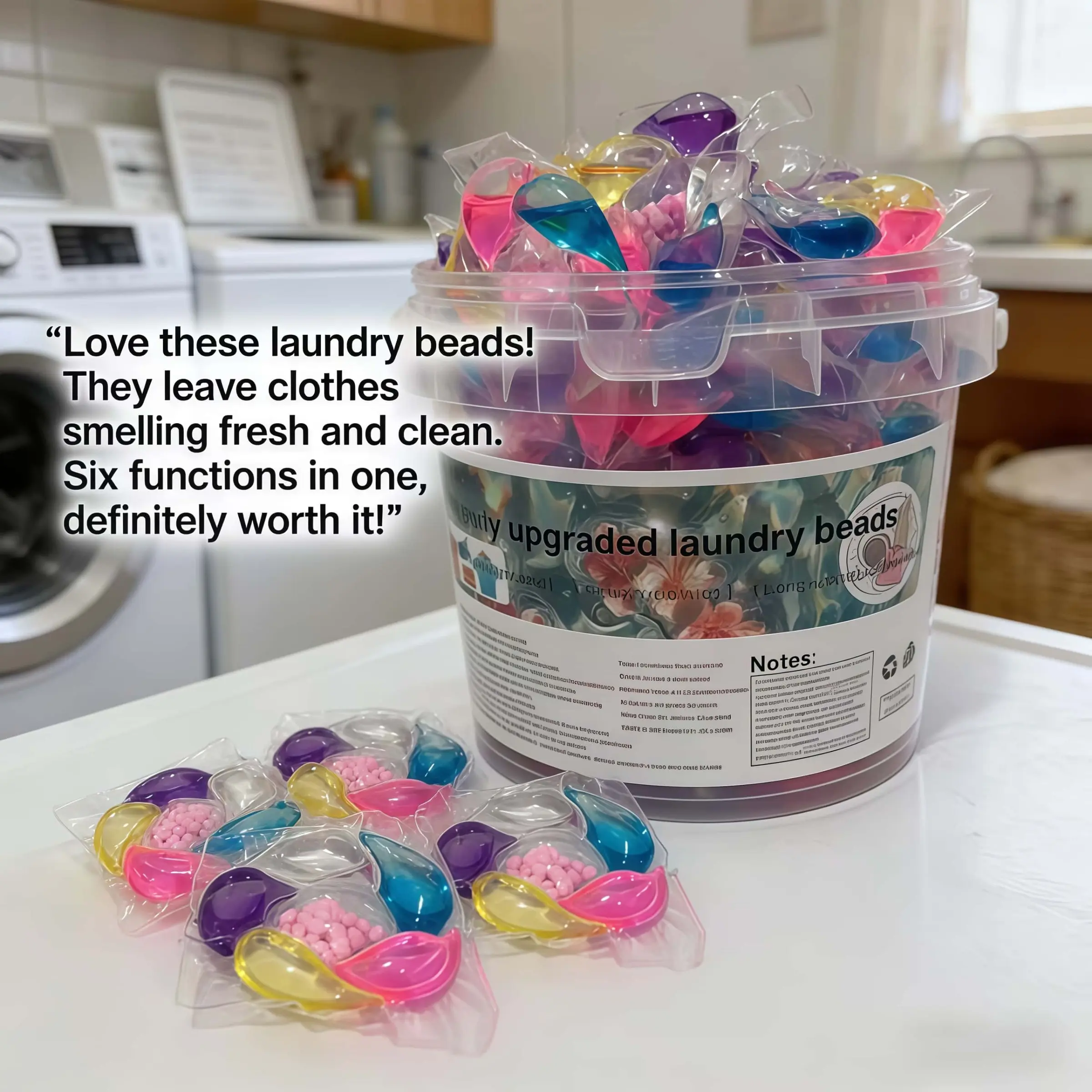 Concentrated Six-In-One Laundry Detergent Pods, Fragrance Detergent Beads, Strong Stain Removal, Long-Lasting Fragrance, Color Protection, Softening, 50 Pieces Per Bucket