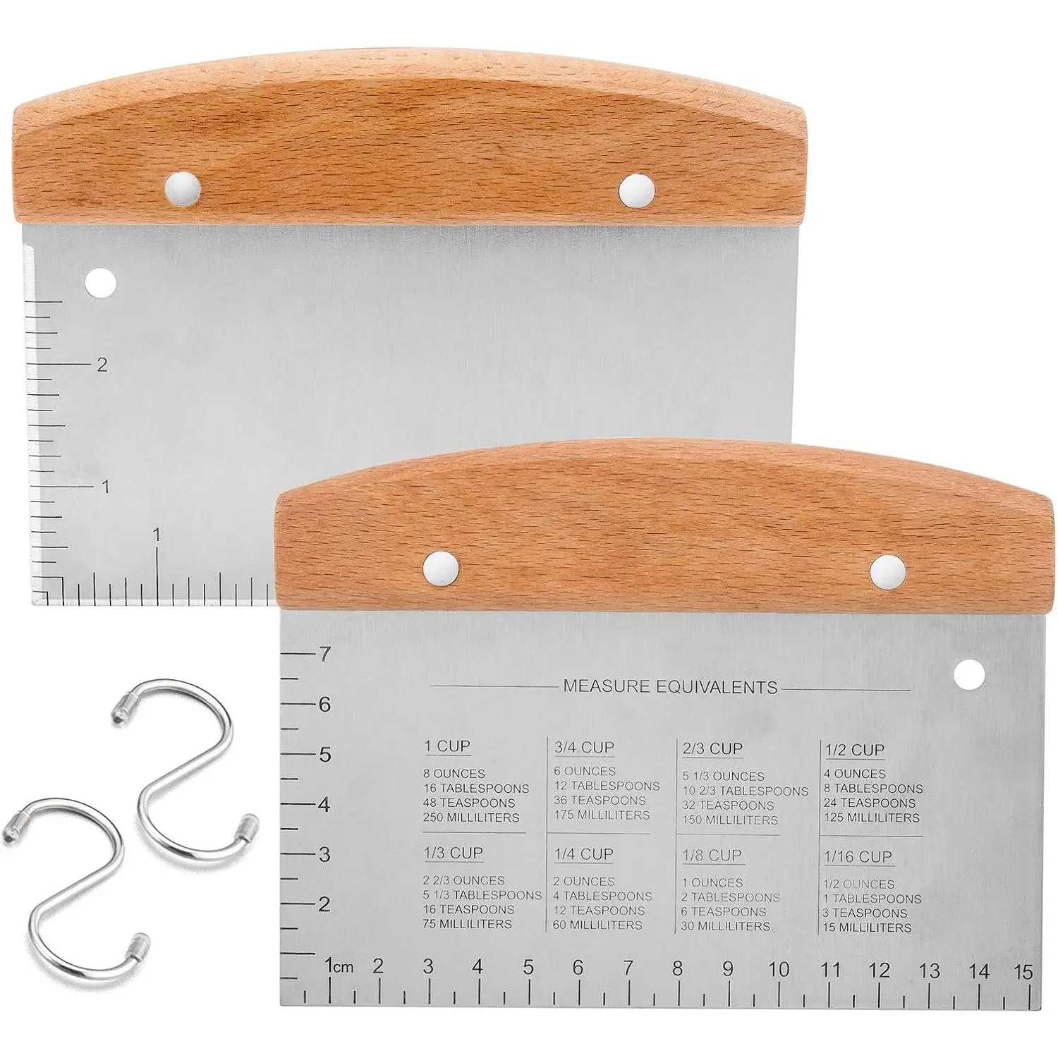 Bench Scraper Set of 2,  Metal Dough Scraper  Pastry  with Wooden Handle, Heavy Duty Stainless Steel Griddle Scraper with Measuring Marks for Cooking Baking Grilling