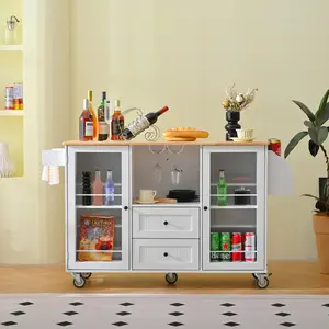 Aobtkel Mobile Kitchen Island Storage Trolley Cart on Wheels with Dropleaf Top, Towel/Spice Rack,2 Drawers, 2-Door Cabinet, White docking narrow side pantry small