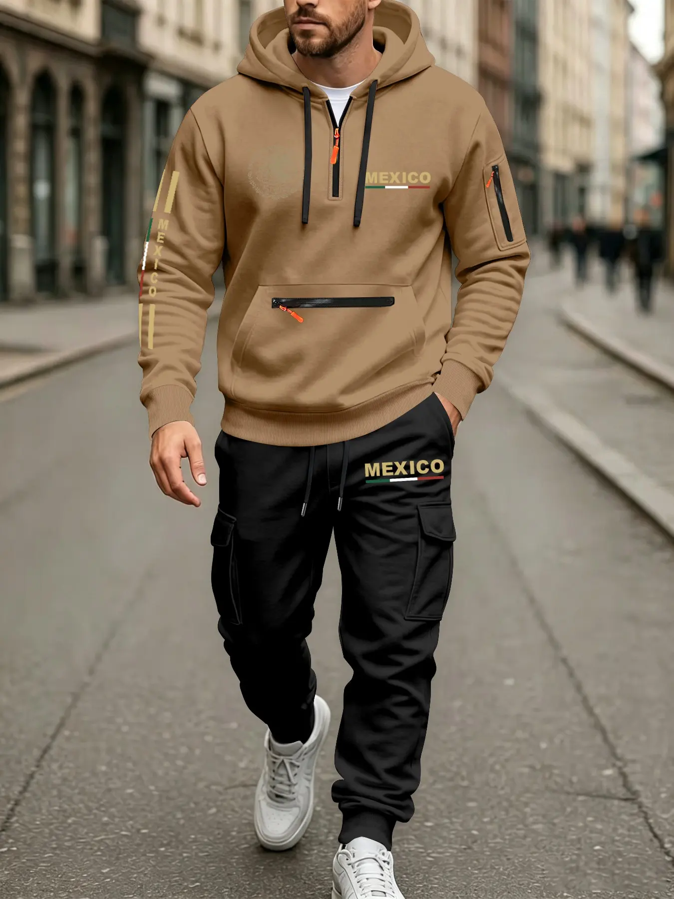 Men's Functional Sport Set, Mexican Theme Print Half-Zip Hoodie and Pants, Loose Fit, Multi-Pocket, Fleece Lined, Fall & Winter