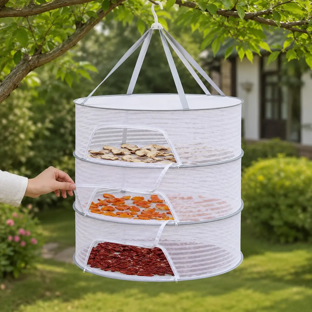 3-Tier Hanging Mesh Drying Rack with Zippered Openings, White Herb, Fruit and Vegetable Drying Net, 60 x 40 cm, 1 Piece