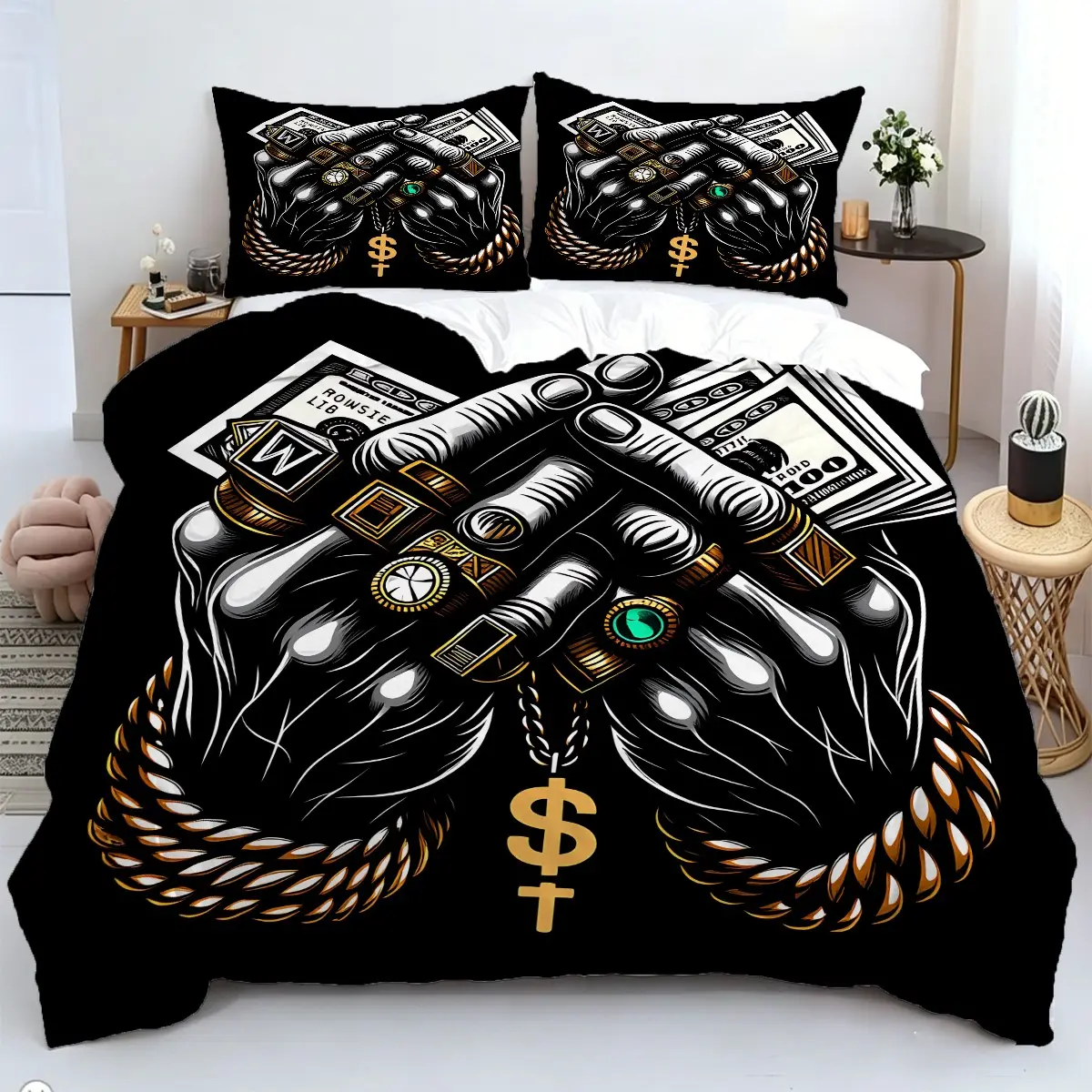Dollar and Praying Hands Pattern Duvet Cover Set, 2/3Pcs Hip Hop Bedding Set, Soft Microfiber Fabric, All Seasons, Machine Washable, Hip Hop Masculine Bedroom Decor, 1 or 2 Pillowcase, No Filling